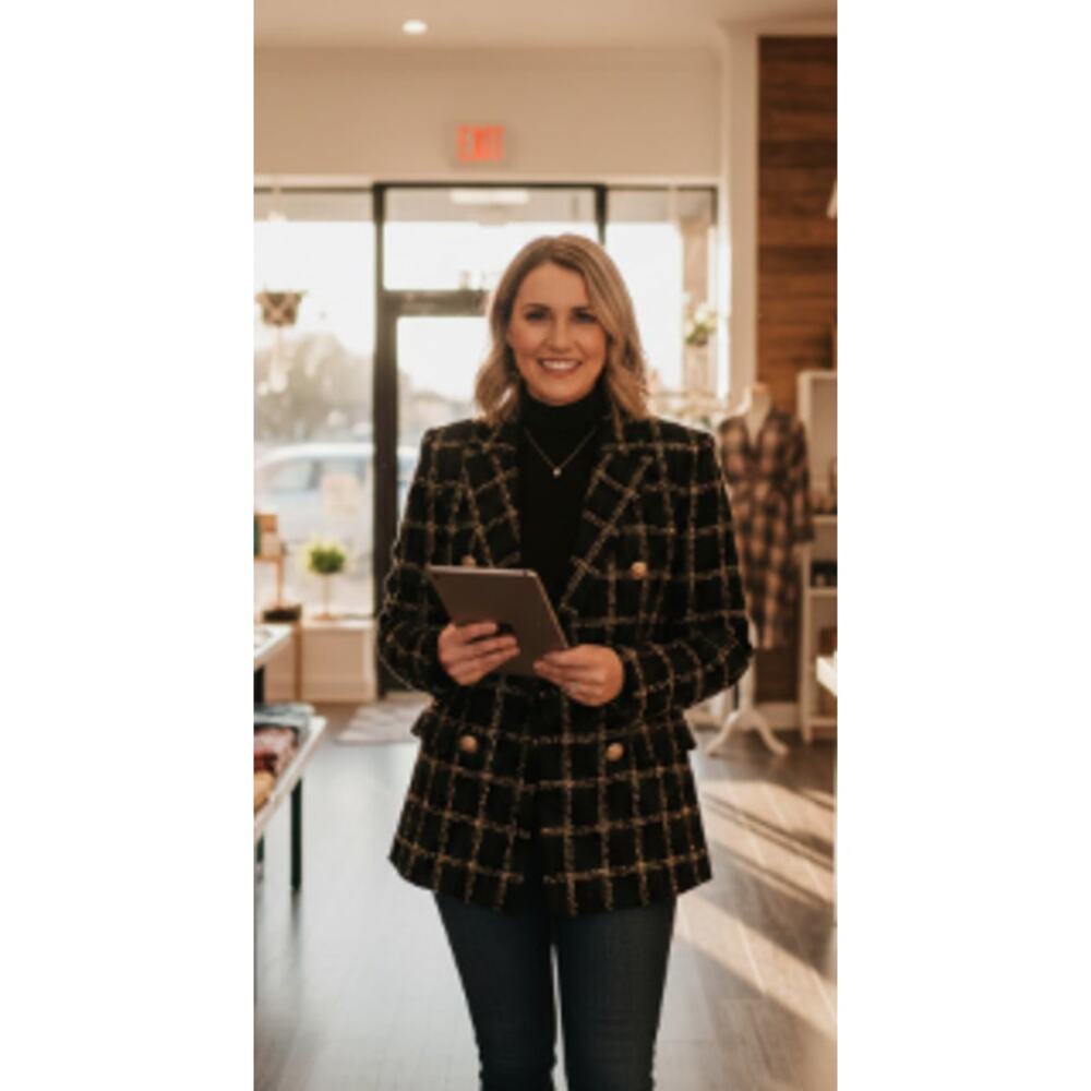 Mina Self Black & Gold Tweed Plaid Double-Breasted Blazer Size Large EUC - Picture 6 of 6